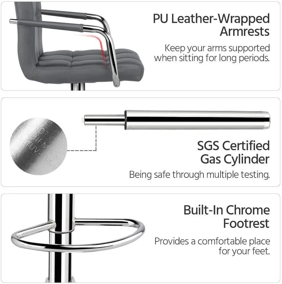Grey Adjustable PU Leather Swivel Bar Stools Set Of 2 from PriceLows™