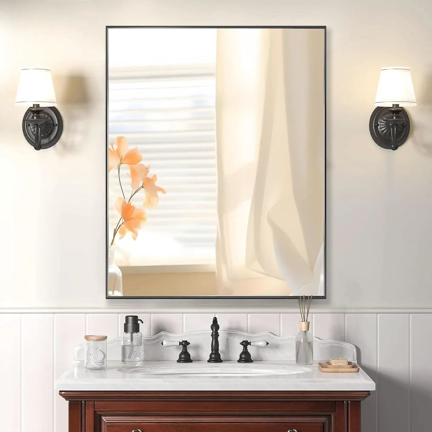 24X32 Inch Black Aluminum Frame Wall Mirror For Bathroom Vanity Horizontal Or Vertical Mount from PriceLows™
