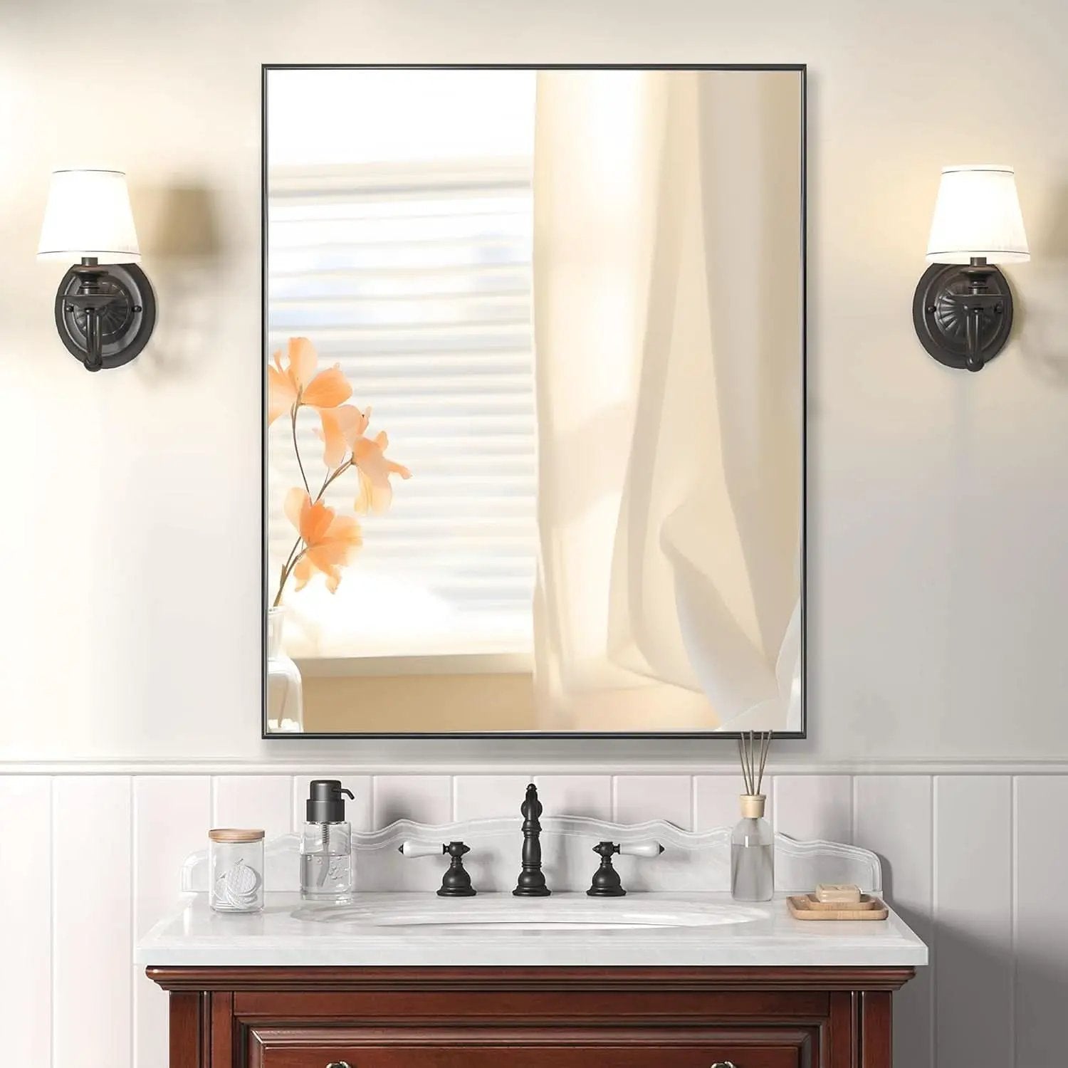 24X32 Inch Black Aluminum Frame Wall Mirror For Bathroom Vanity Horizontal Or Vertical Mount from PriceLows™