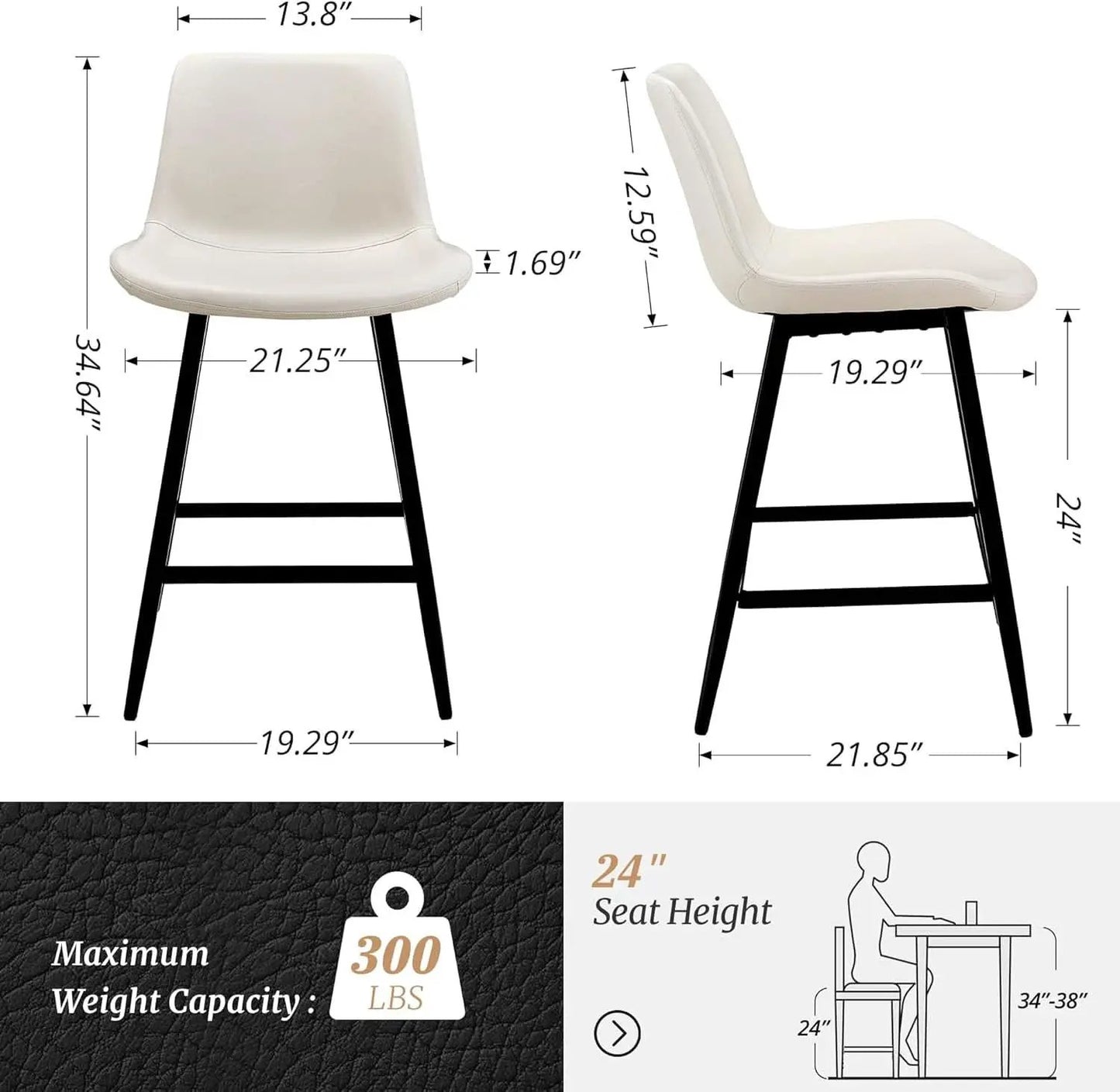 24 Inch Faux Leather Bar Stool Set of 3 With Back and Footrest, Antique White for Kitchen Island from PriceLows™