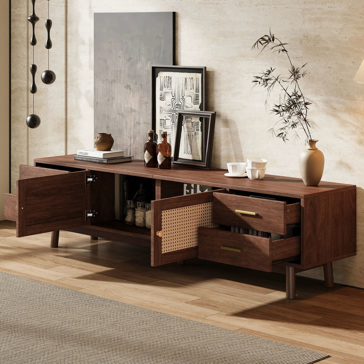 70 Inch TV Stand With Doors | Fits TVs Up To 80 Inch | 4 Drawers | Woven PE Rattan Doors