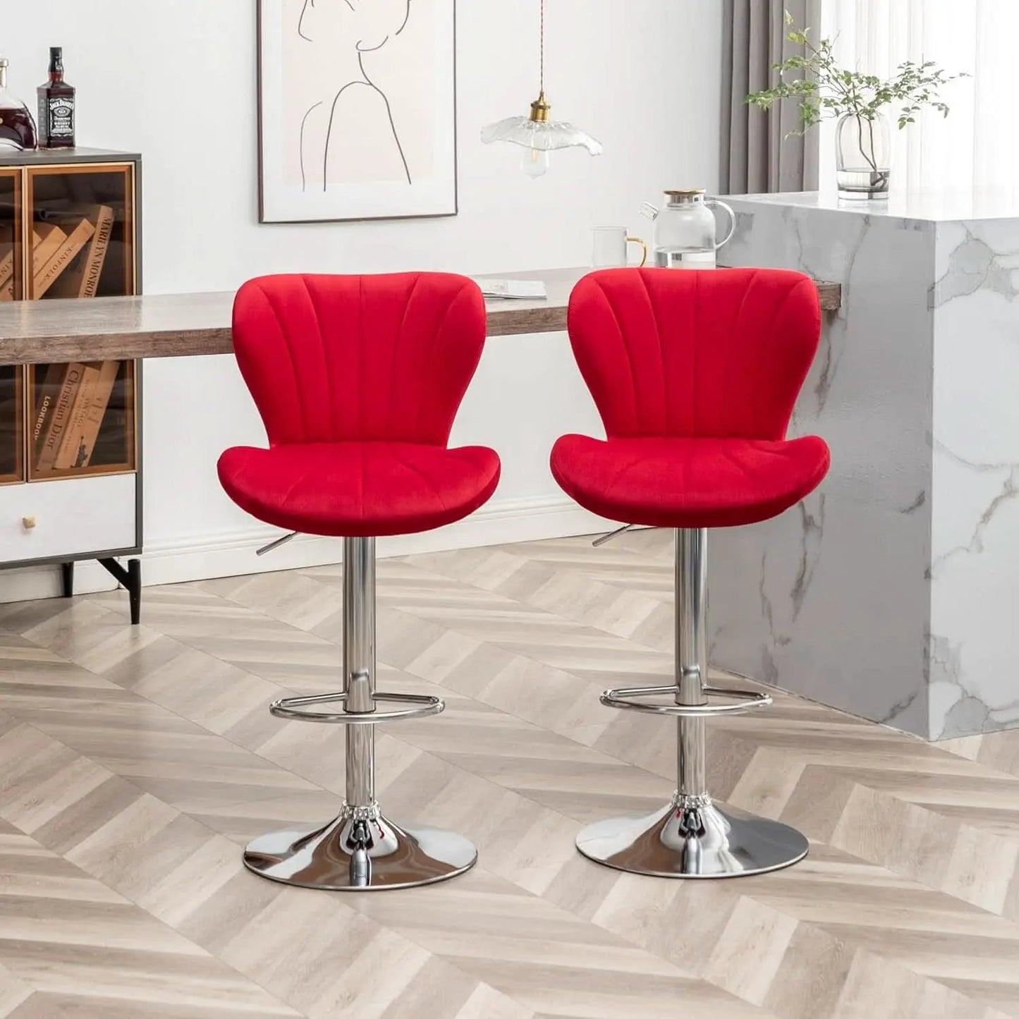 Velvet Adjustable Swivel Bar Stool Set Of 2 In Red from PriceLows™