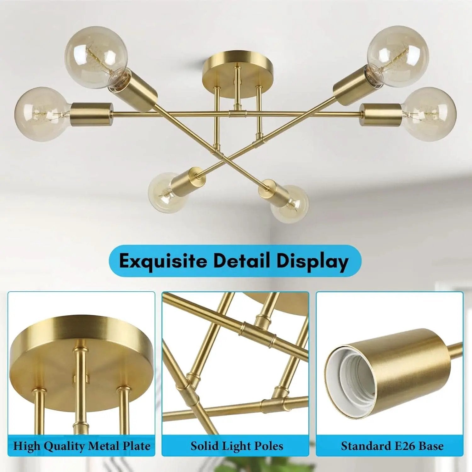 Gold Sputnik Chandelier Semi Flush Mount Ceiling Fixture from PriceLows™