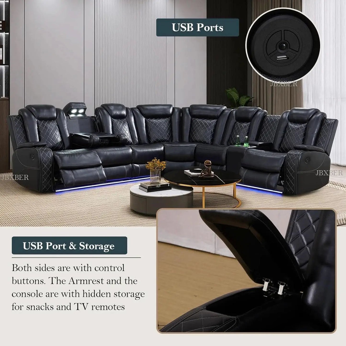 Power Recliner Sectional Sofa Set In Black With Led Lights from PriceLows™