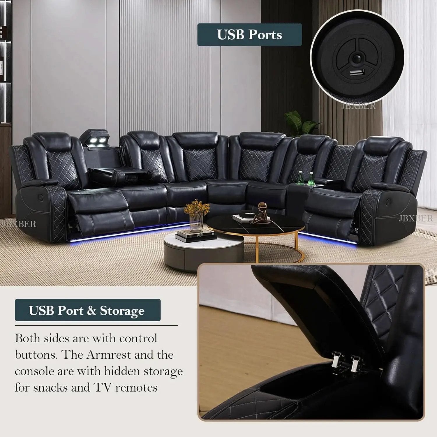 Power Recliner Sectional Sofa Set In Black With Led Lights from PriceLows™