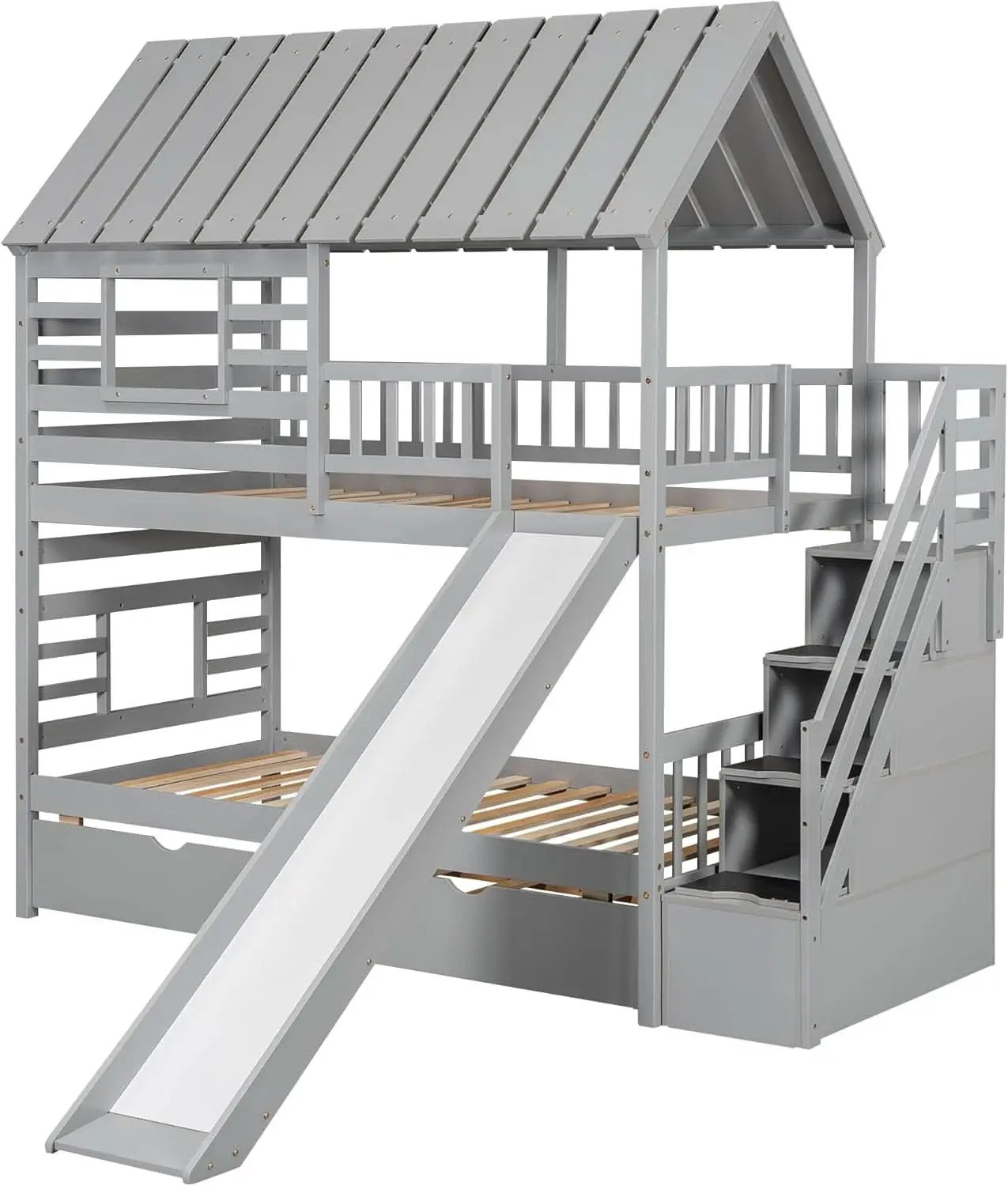 Twin Over Twin Bunk Bed With Slide For Kids Room Decor from PriceLows™