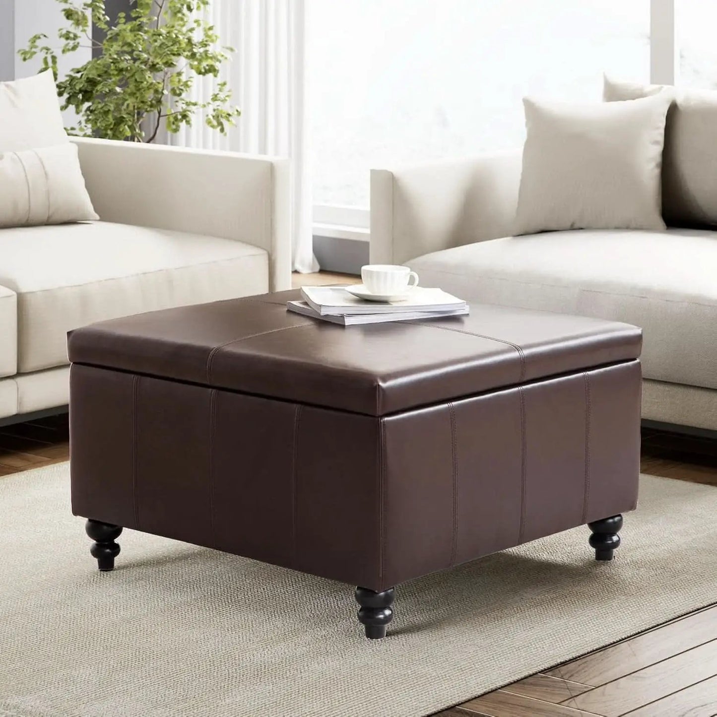 Square Leather Storage Ottoman 30-Inch Brown Durable from PriceLows™