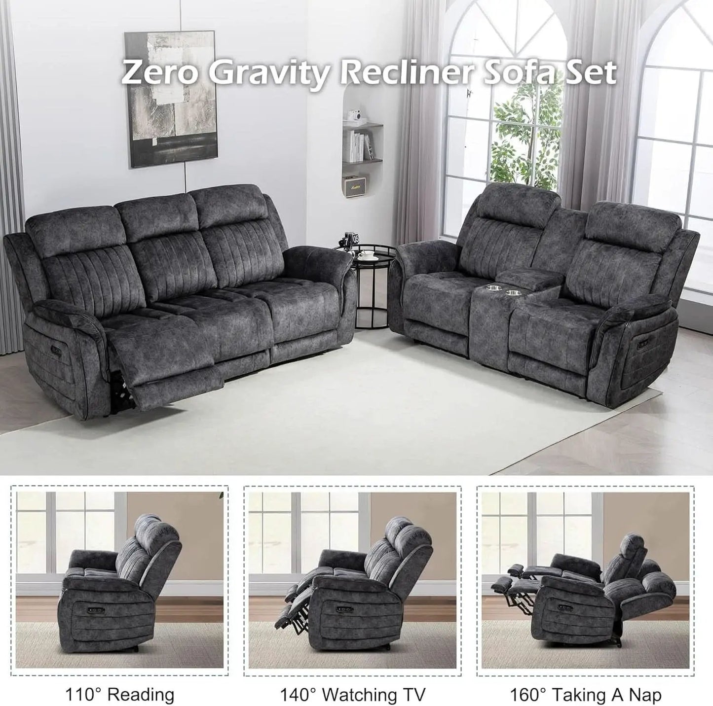 Grey Zero Gravity Reclining Sofa Set With Adjustable Headrest from PriceLows™