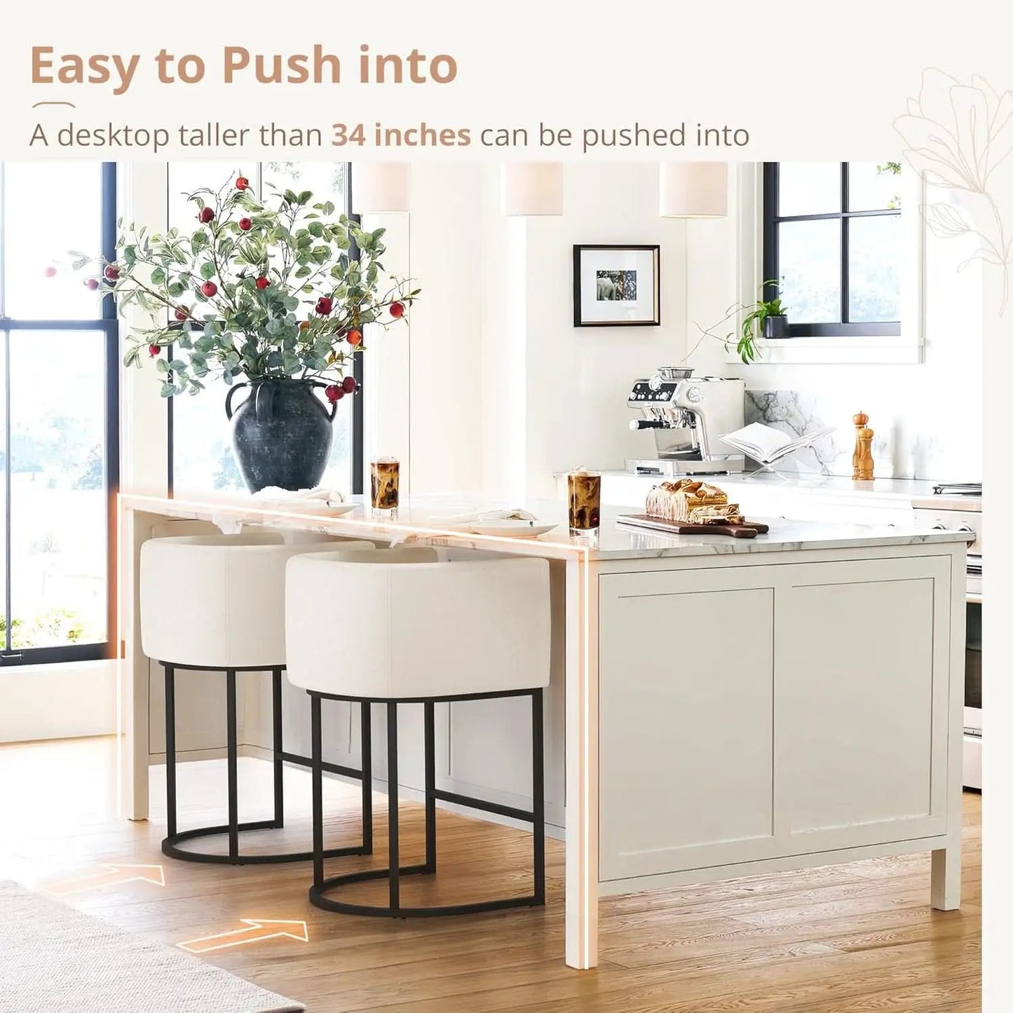 27 Inch Counter Height Bar Stools Set Of 2 With Backrest And Armrests Beige Linen Upholstery Black Metal Frames from PriceLows™