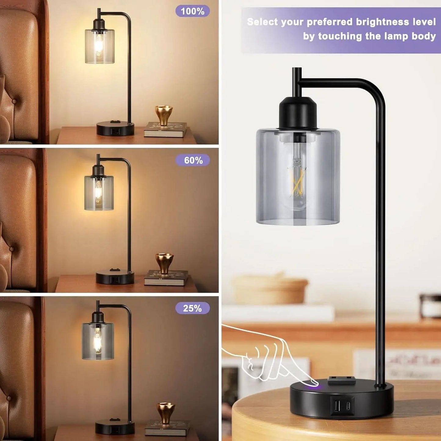 3-Way Dimmable USB Table Lamps With Gray Glass Shade Pair from PriceLows™