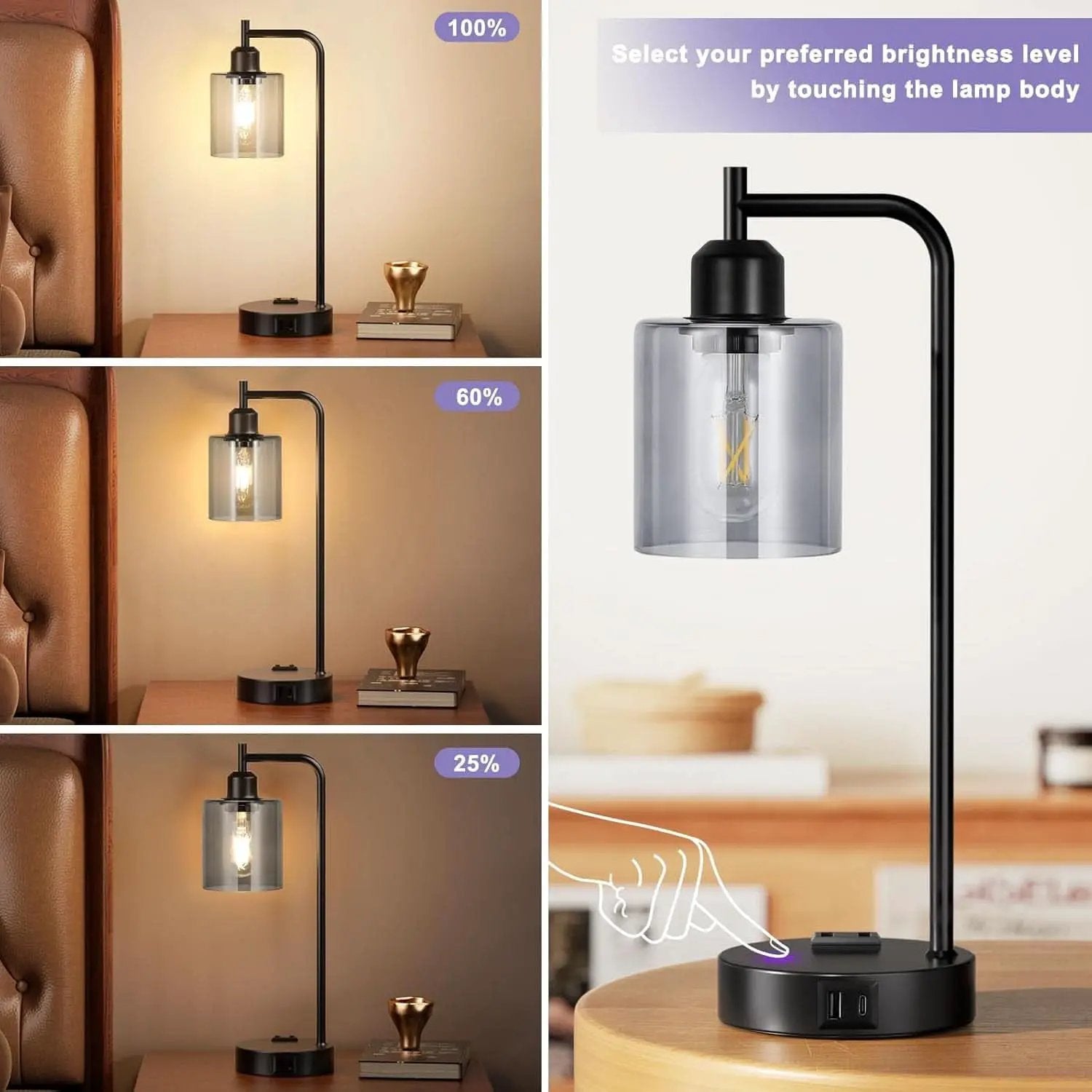 3-Way Dimmable USB Table Lamps With Gray Glass Shade Pair from PriceLows™