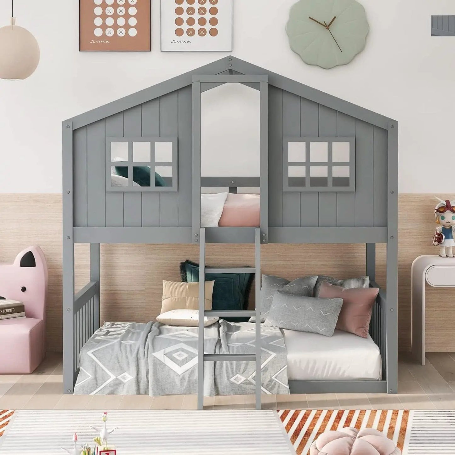 Gray Twin Over Twin House Bunk Bed With Roof For Kids from PriceLows™
