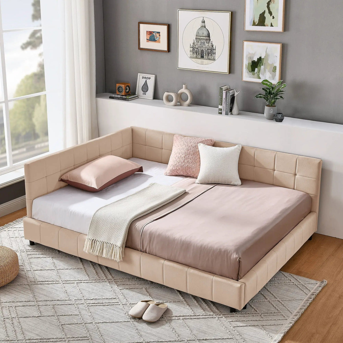 Mid-Century Storage Bed Frame | Upholstered Tufted Design | Backrest And Armrests | Bed Or Sofa Use