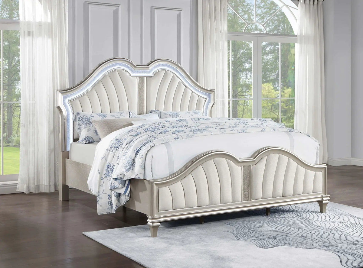 Evangeline Wood Eastern King LED Panel Bed Silver | 85.75 x 88.25 x 66.5 in | Chenille & Wood | Oak