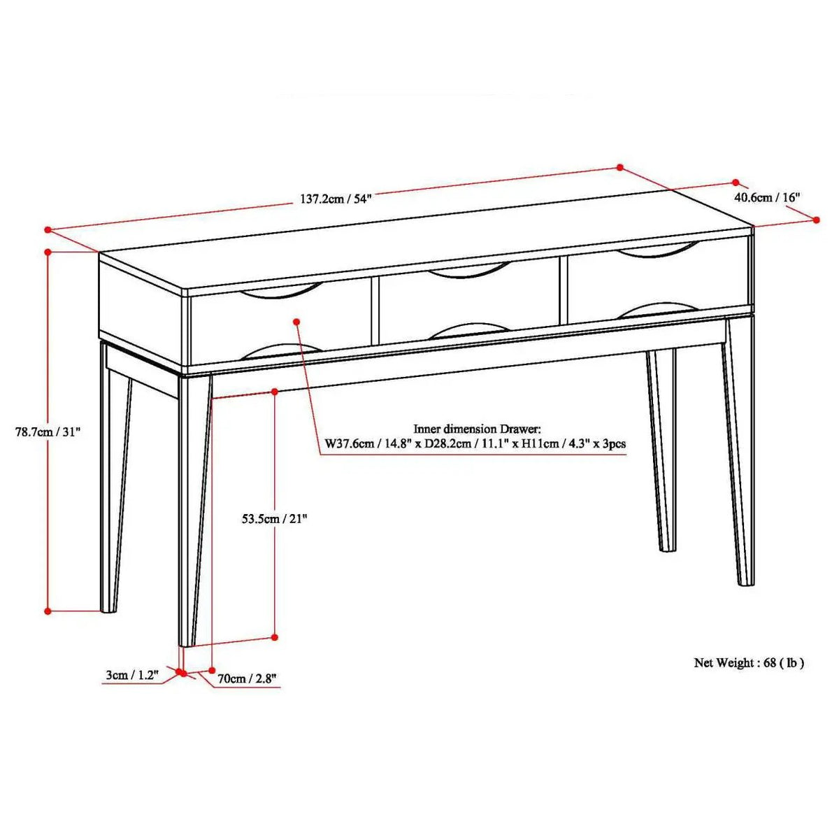Harper Handcrafted Console Sofa Table | 54 Inch Width | Solid Rubberwood Hardwood | Metal Drawer Glides