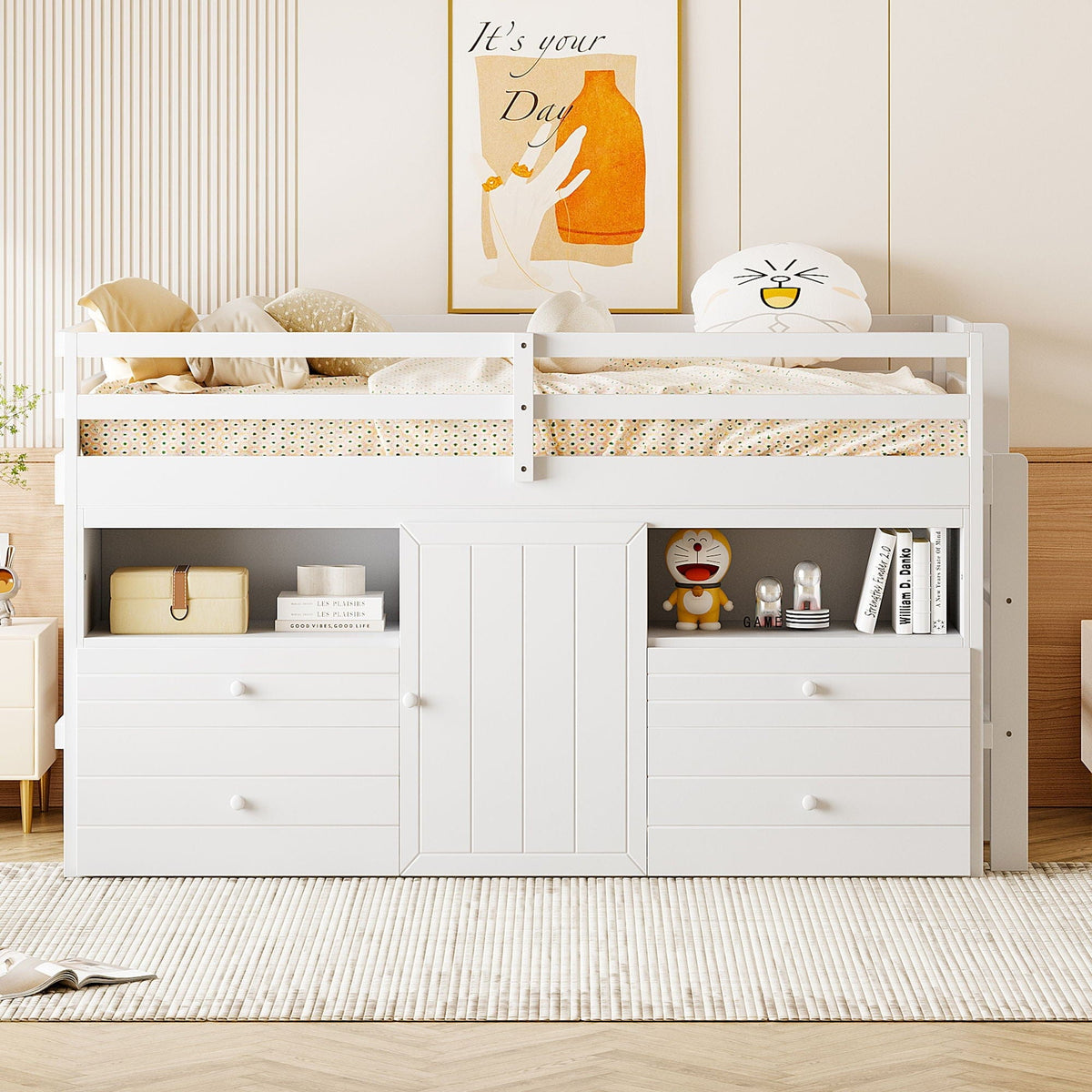 Loft Bed With 4 Drawers, Underneath Cabinet And Shelves | 81.8 x 40.8 x 43.3 in | Pine Wood | Bedroom