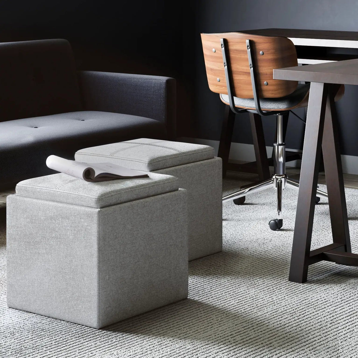 Rockwood Upholstered Cube Ottoman | Flip Over Serving Tray | Large Interior Storage | 16.9 Inch Cube