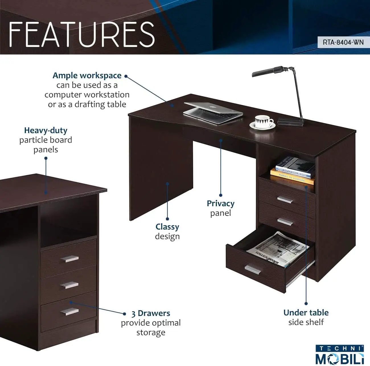 Wenge Computer Desk With 3 Drawers And Side Storage Shelf from PriceLows™