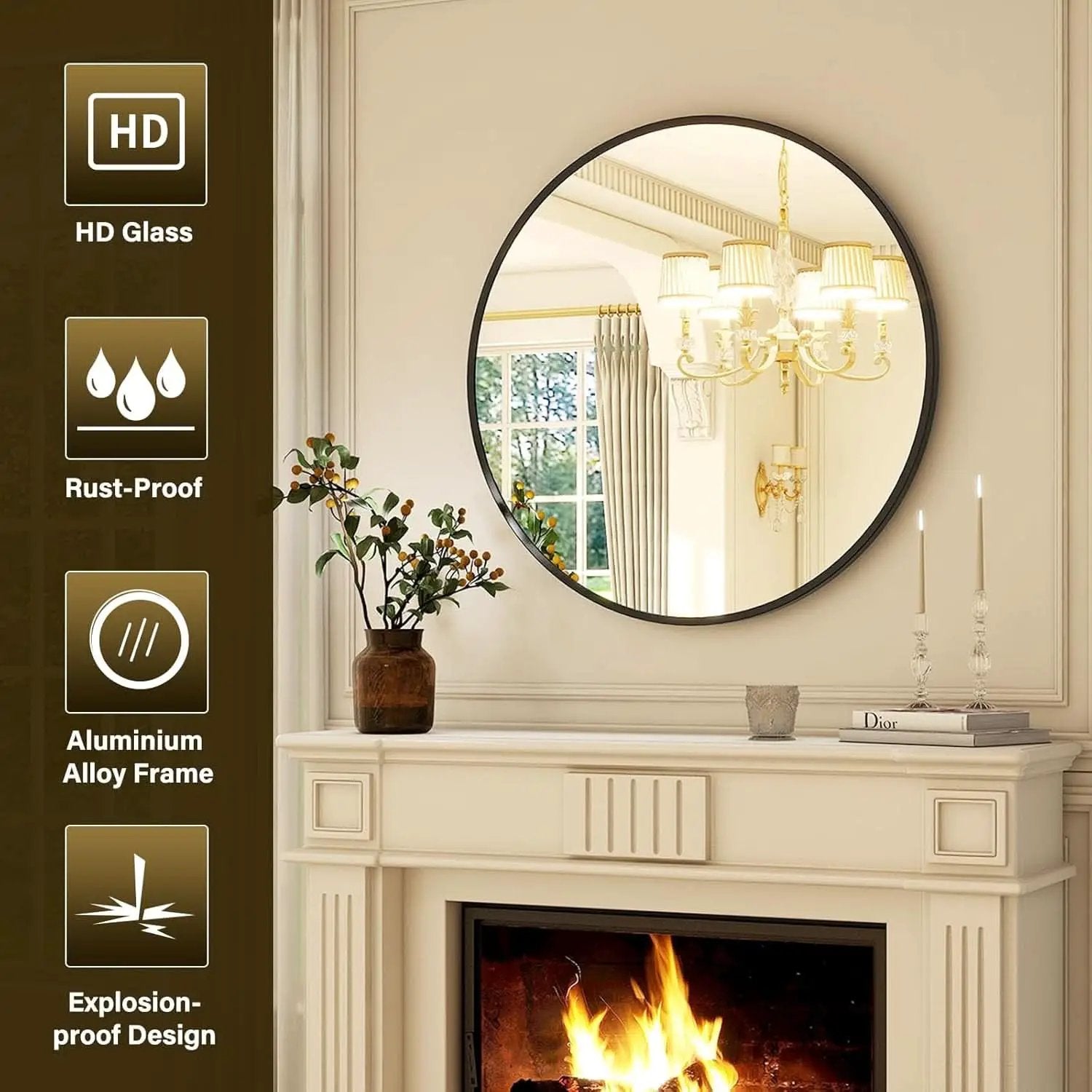 24 Inch Matte Black Round Wall Mirror For Bathroom Vanity And Living Room Decor from PriceLows™