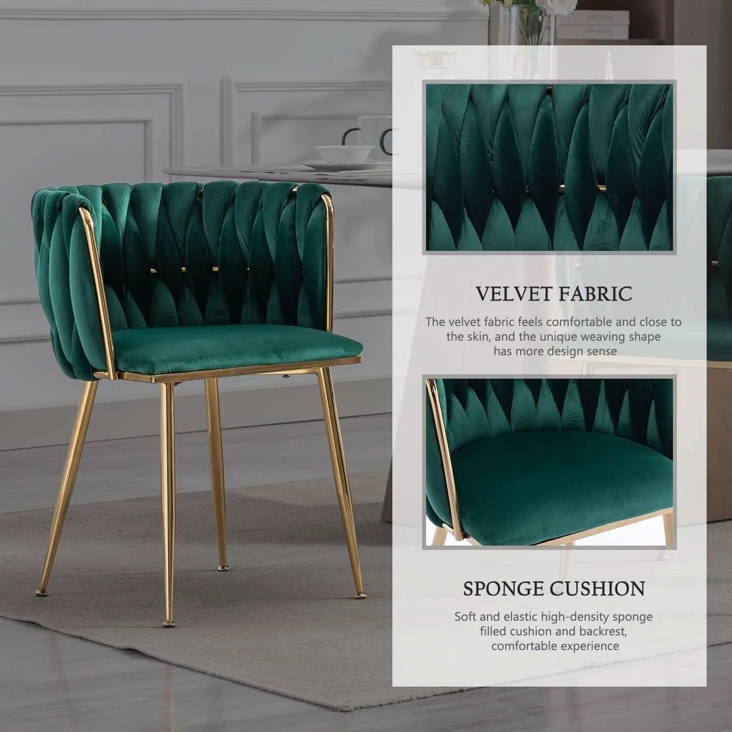 Velvet Dining Chairs Set of 4 With Gold Metal Legs in Green from PriceLows™