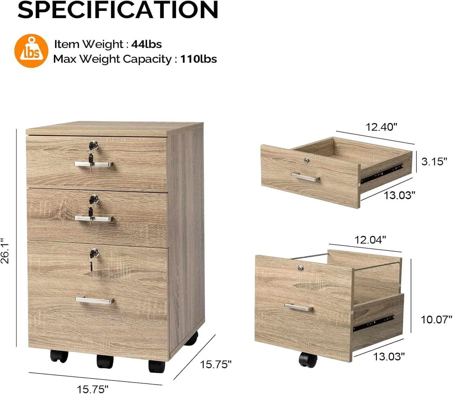 Oak 3 Drawer File Cabinet With Lock Rolling Printer Stand from PriceLows™