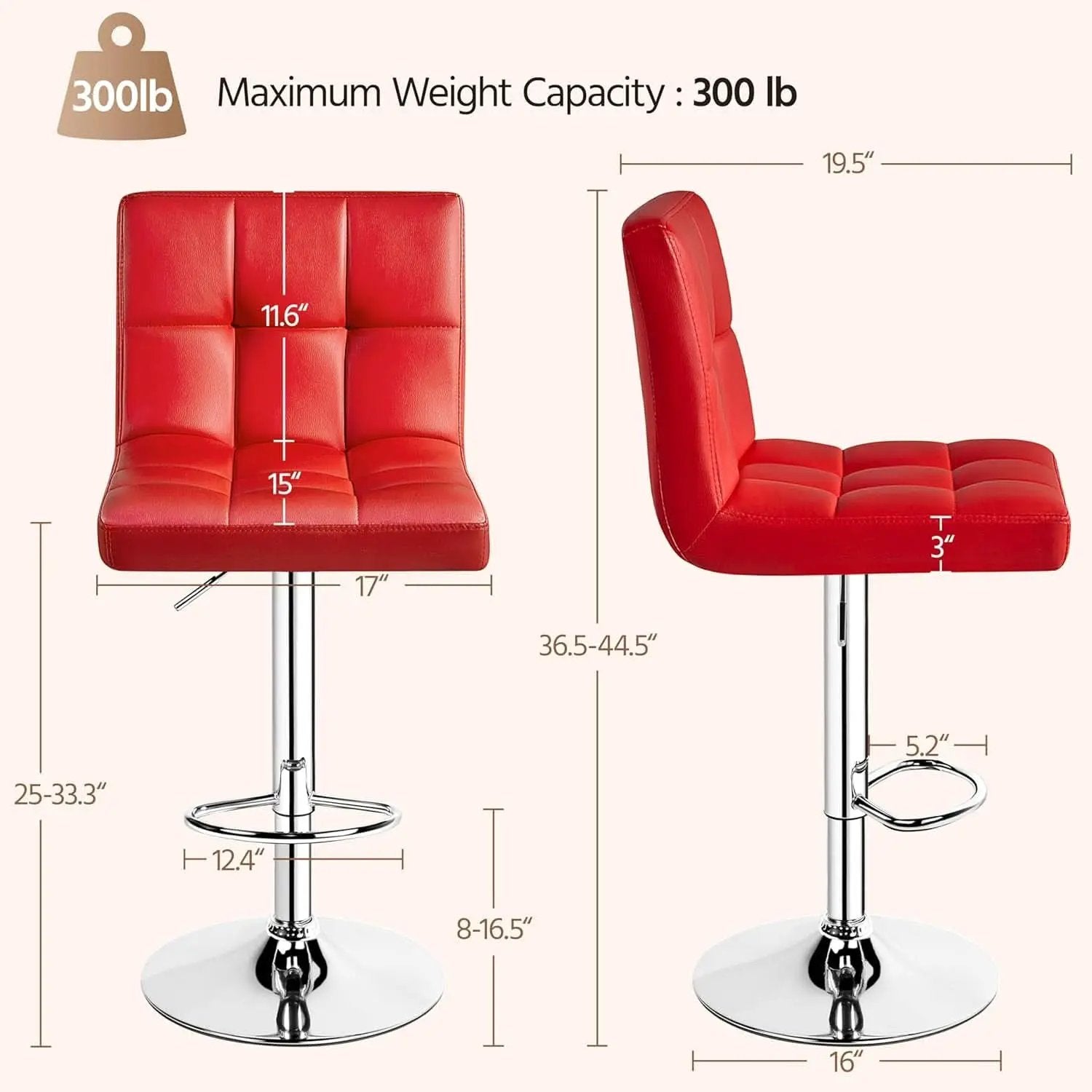 Red Adjustable PU Leather Swivel Bar Stools Set Of 2 from PriceLows™
