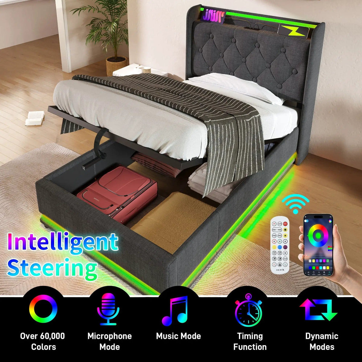 Upholstered Bed, 360 Surround LED Function, Remote Control, Hydraulic Storage Bed | 8 Pieces | Fabric & Iron | Bedroom