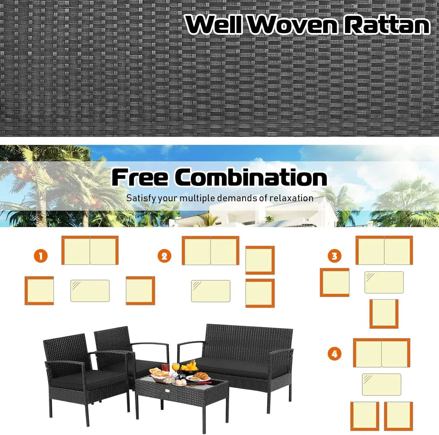 4 Piece Patio Rattan Conversation Set Glass Coffee Table from PriceLows™