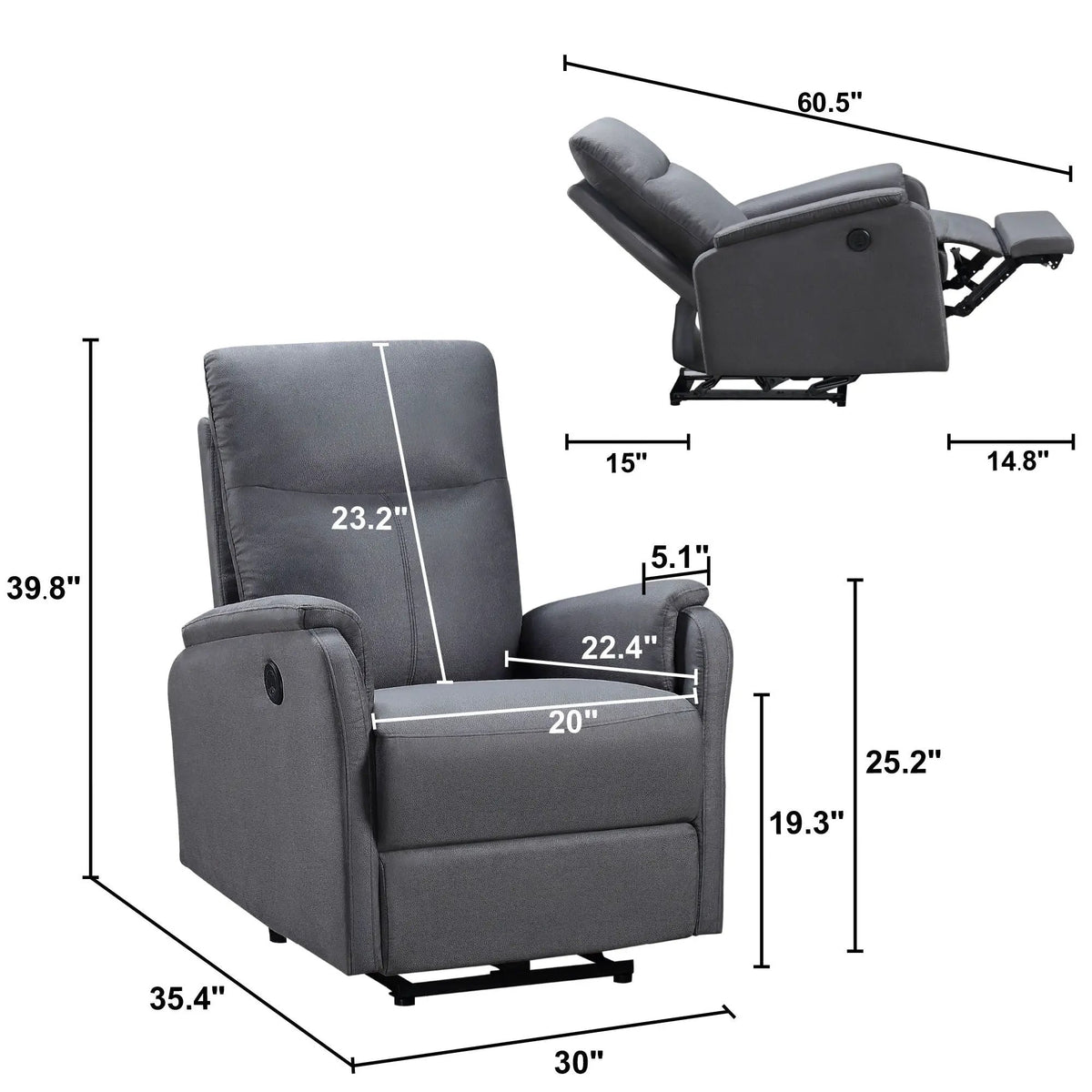 Power Recliner Chair | USB Charge Port | Modern Design | Compact Lightweight Single Chair