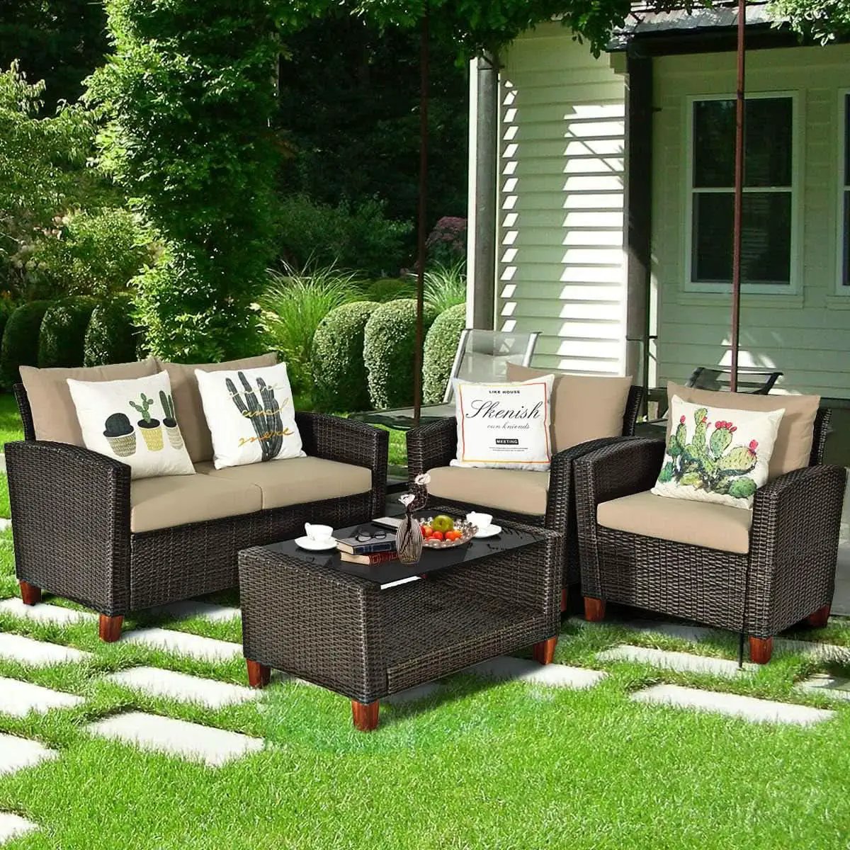 Patio Rattan Furniture Set 4 Piece Beige For Outdoor Use from PriceLows™