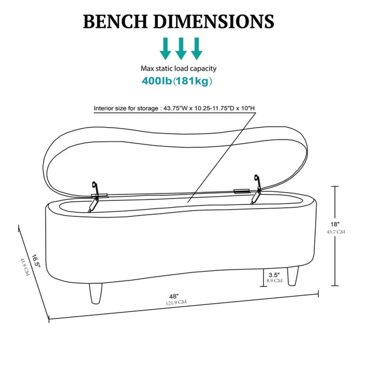 Flip Top Storage Bench | Curved Front Straight Back | Soft Close Hinges | 48 Inch Width