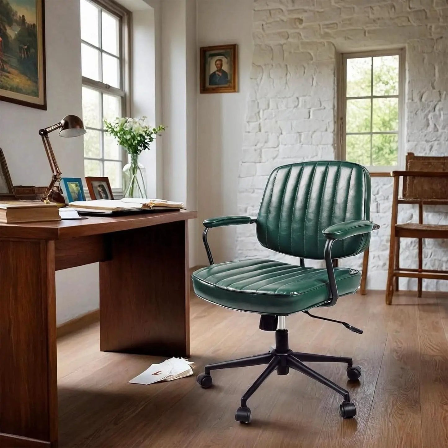 Green Leather Mid Century Office Chair With Wheels And Arms from PriceLows™