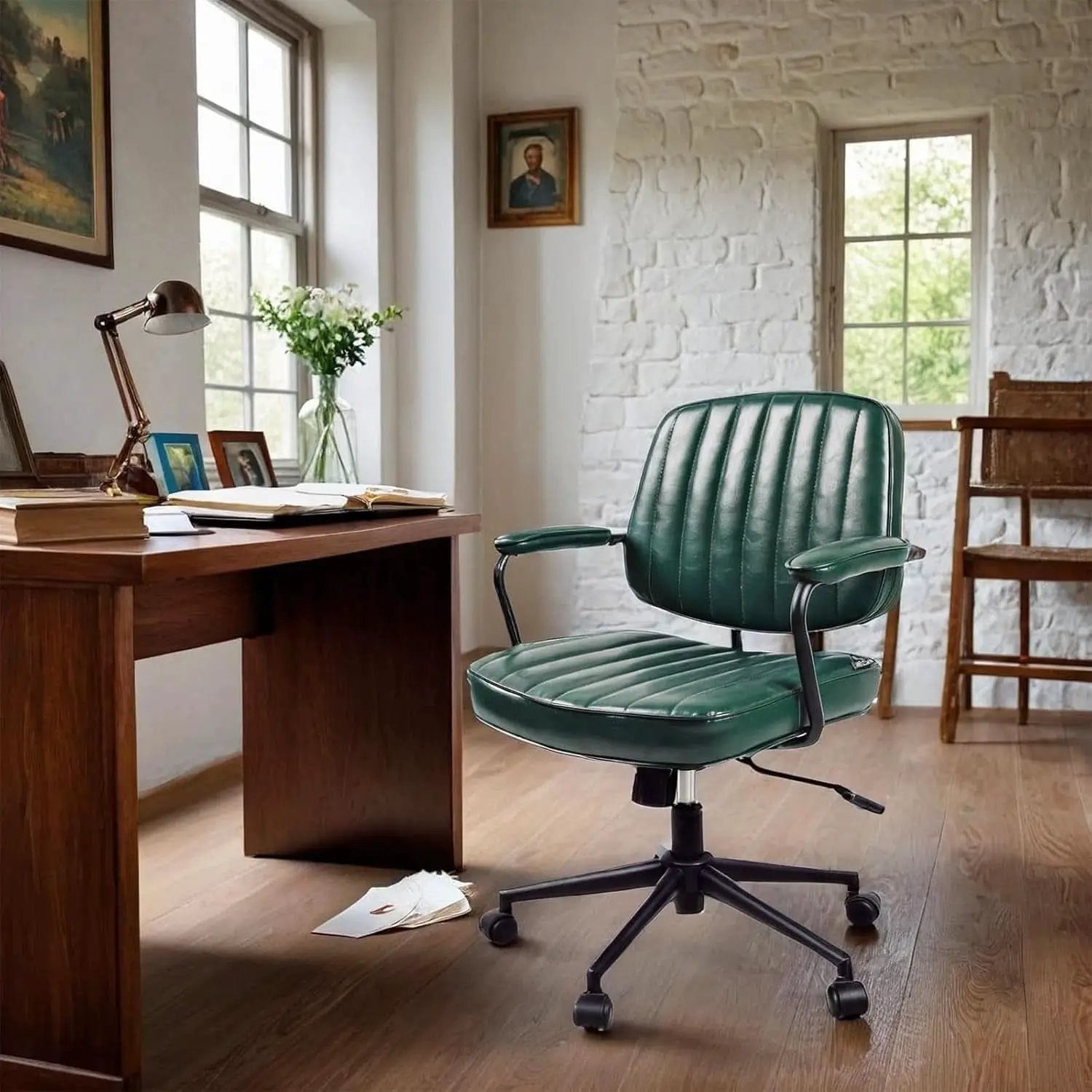 Green Leather Mid Century Office Chair With Wheels And Arms from PriceLows™