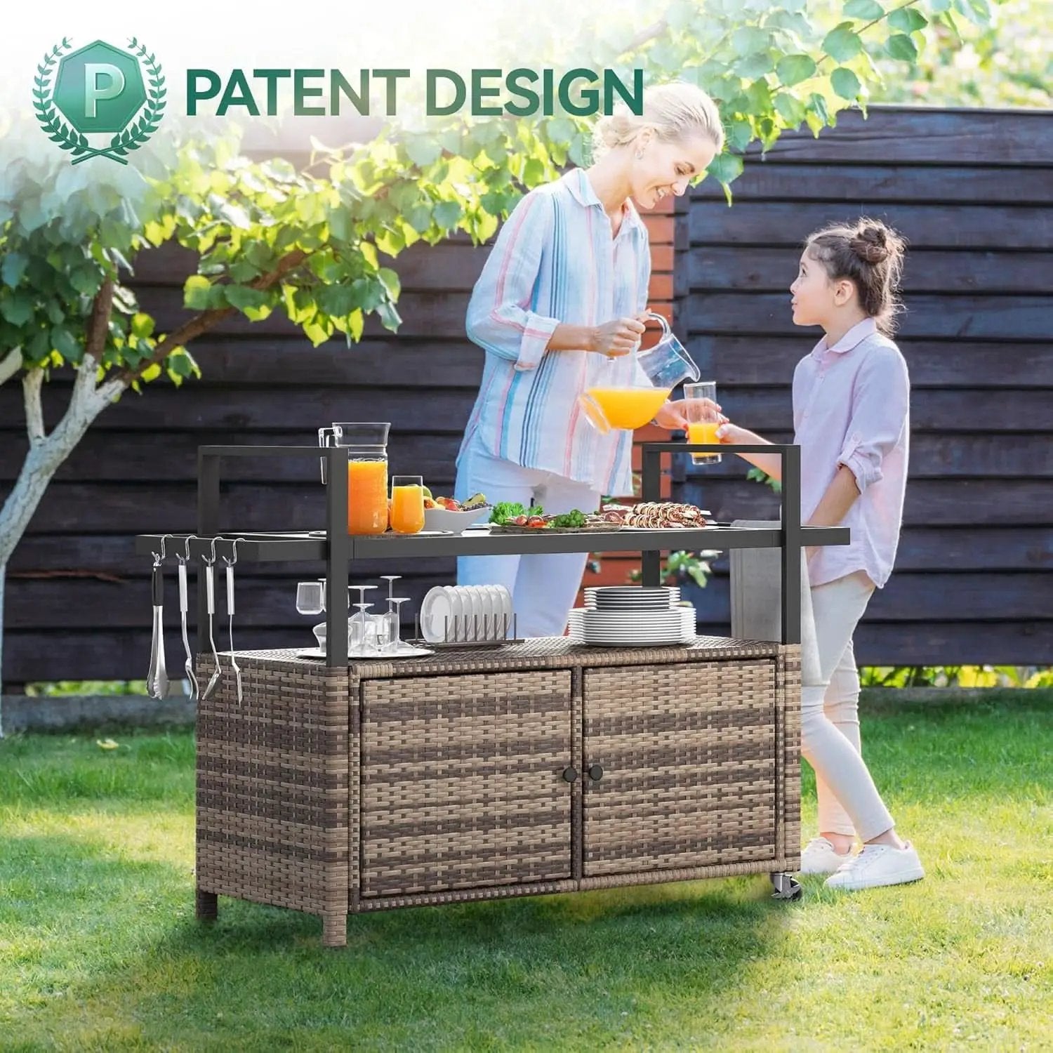 Large Outdoor Kitchen Rolling Cart With Black Glass Top from PriceLows™