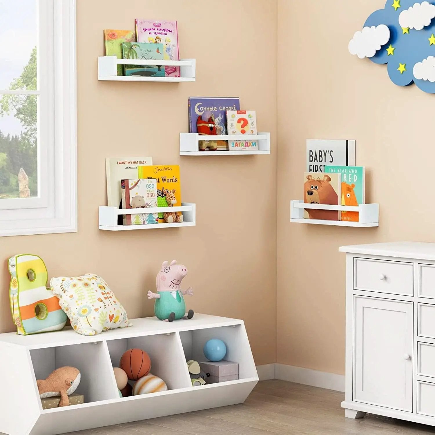 Floating Nursery Wall Shelves Set of 4 White Bookshelves from PriceLows™