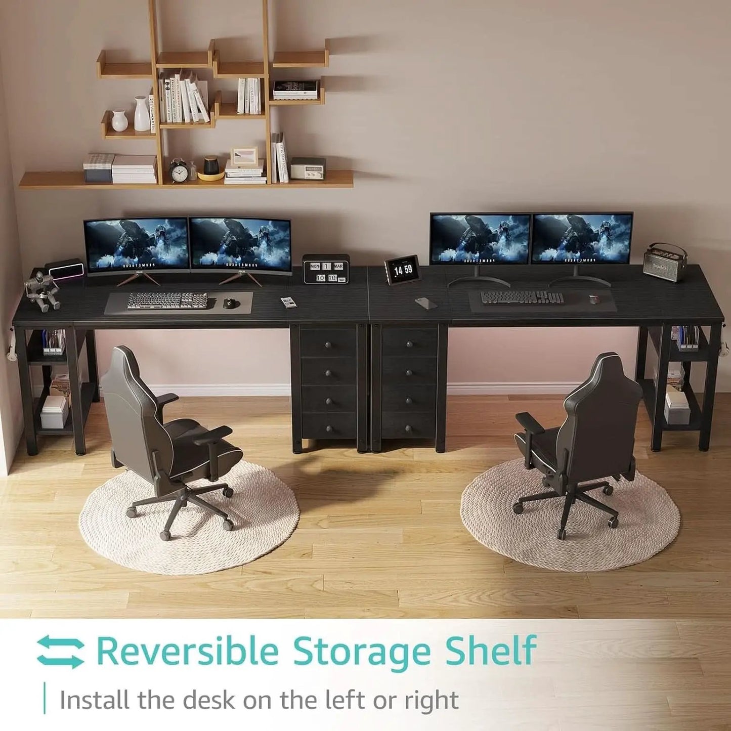 55 Inch Gaming Desk With Fabric Drawers And Shelves Black from PriceLows™
