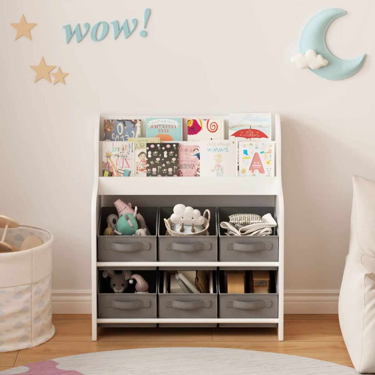 Bookshelf | 3 Open Shelves | 6 Storage Bins | White