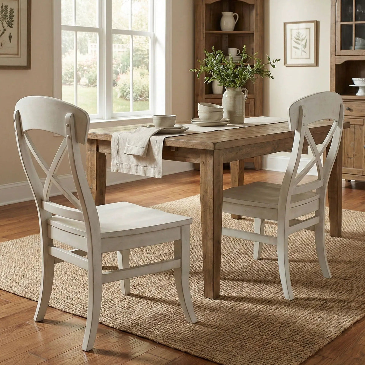 Harola Cross-Back Dining Chairs | Set Of 2 | Smoky White | Saddle-Shape Wood Seats