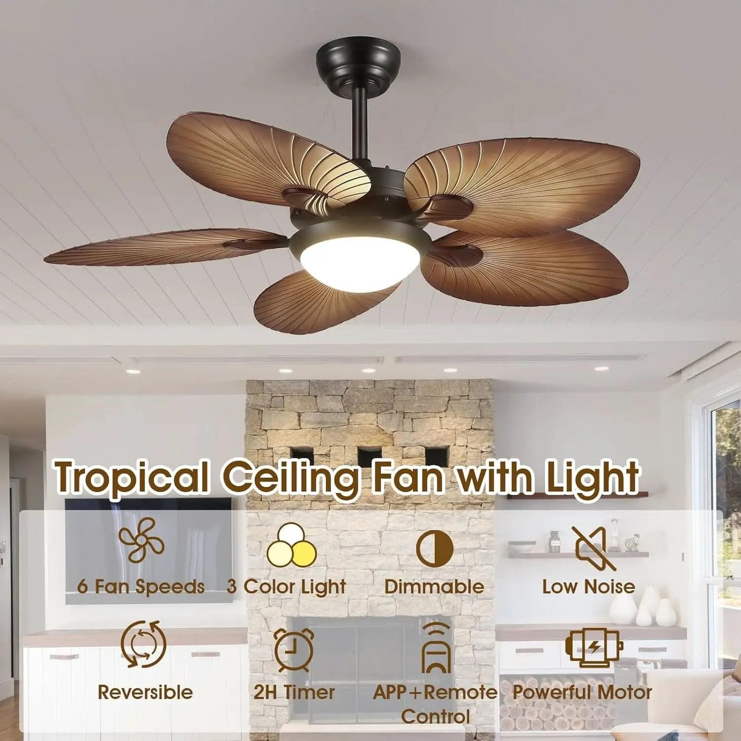44 Inch Palm Leaf Ceiling Fan With LED Lighting Remote from PriceLows™