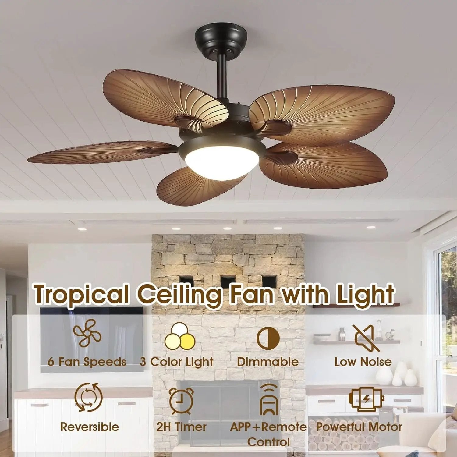 44 Inch Palm Leaf Ceiling Fan With LED Lighting Remote from PriceLows™