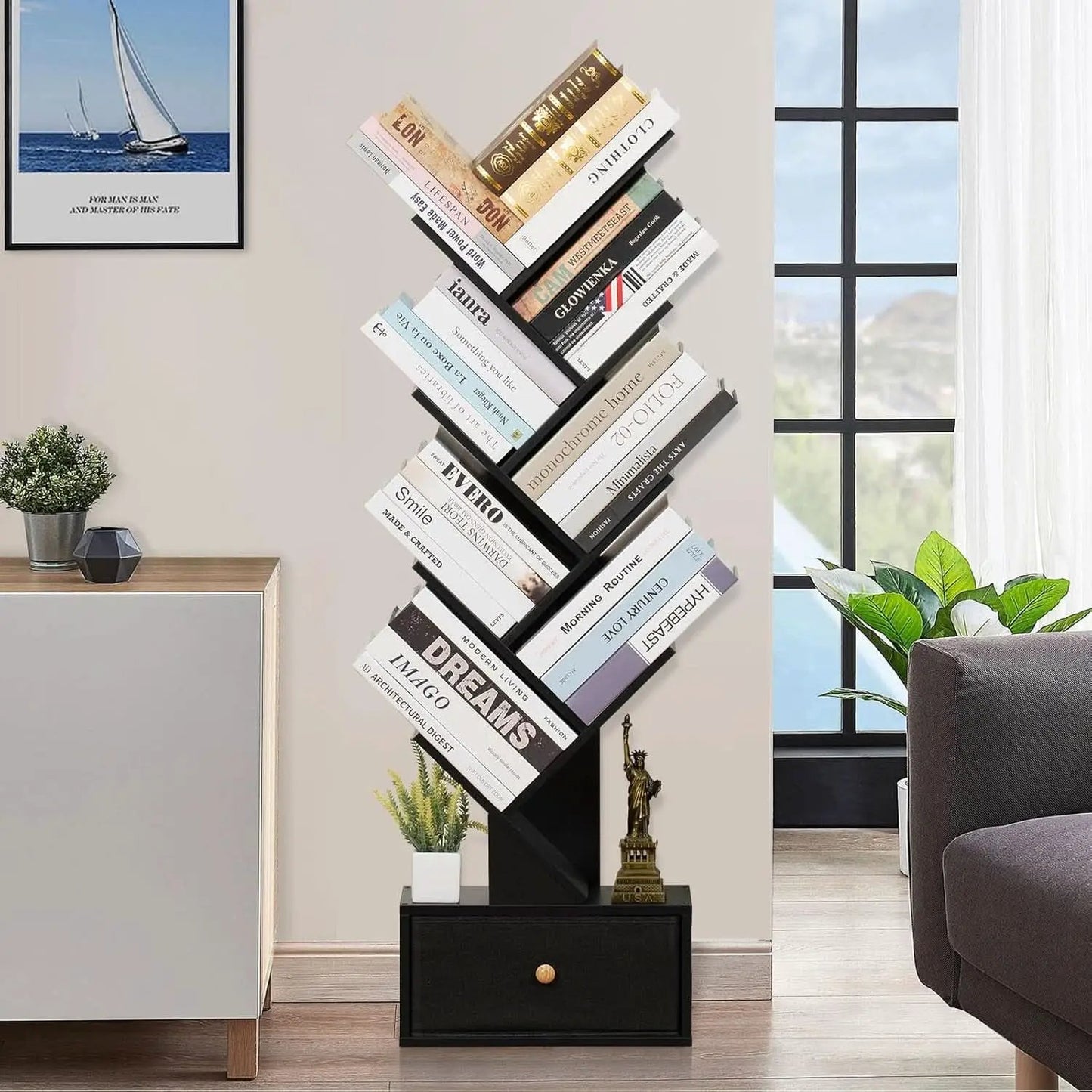 8 Tier Tree Bookshelf Drawer Freestanding Black Bookcase from PriceLows™