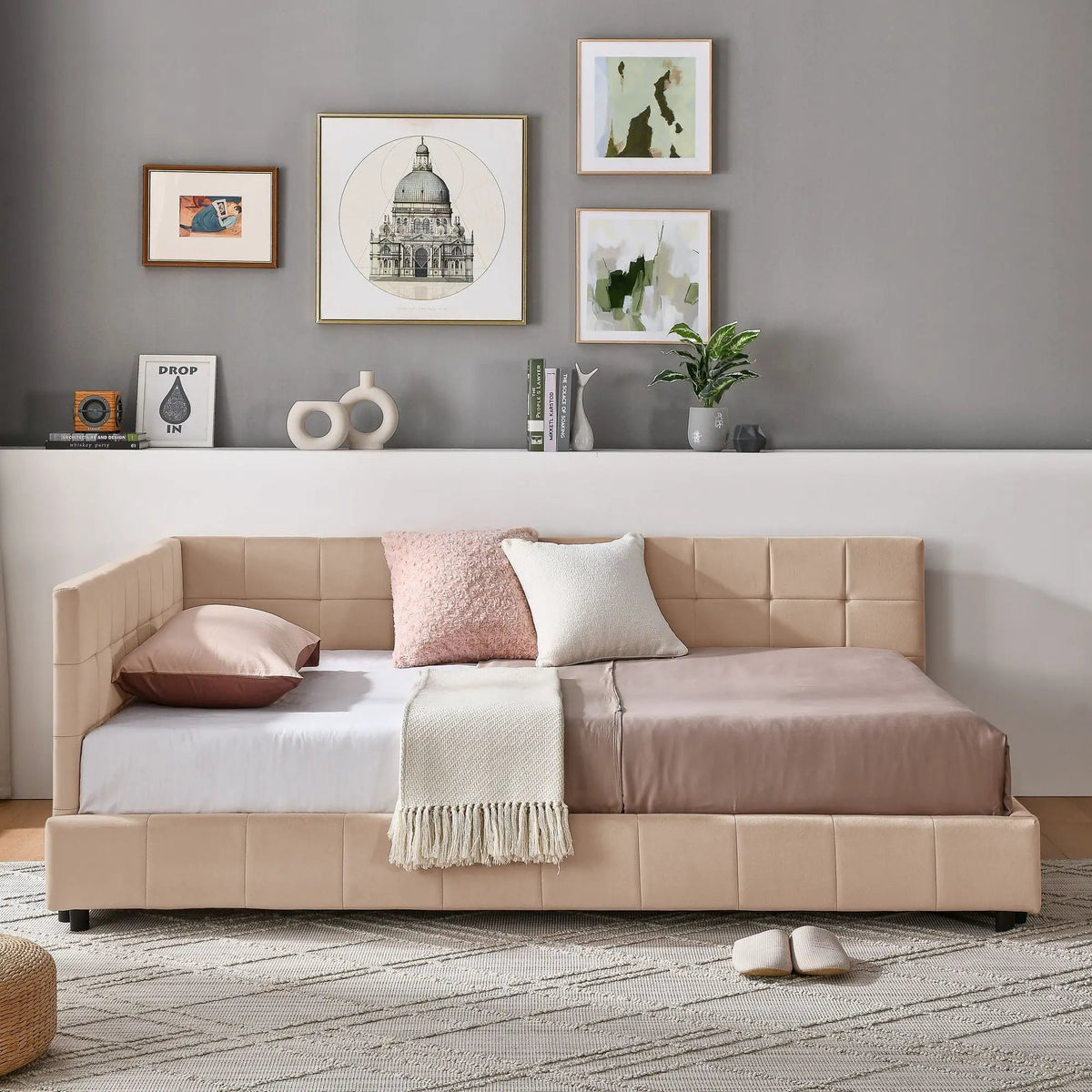 Mid-Century Storage Bed Frame | Upholstered Tufted Design | Backrest And Armrests | Bed Or Sofa Use
