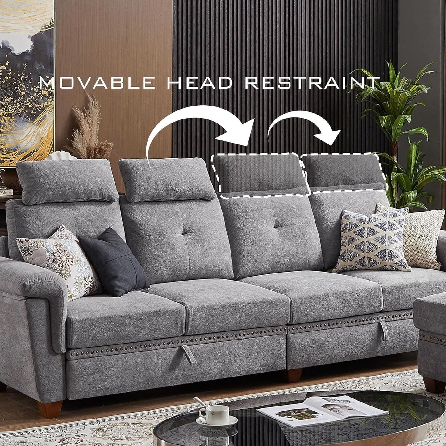 Light Grey Microfiber Sectional Sofa With Storage Ottoman from PriceLows™