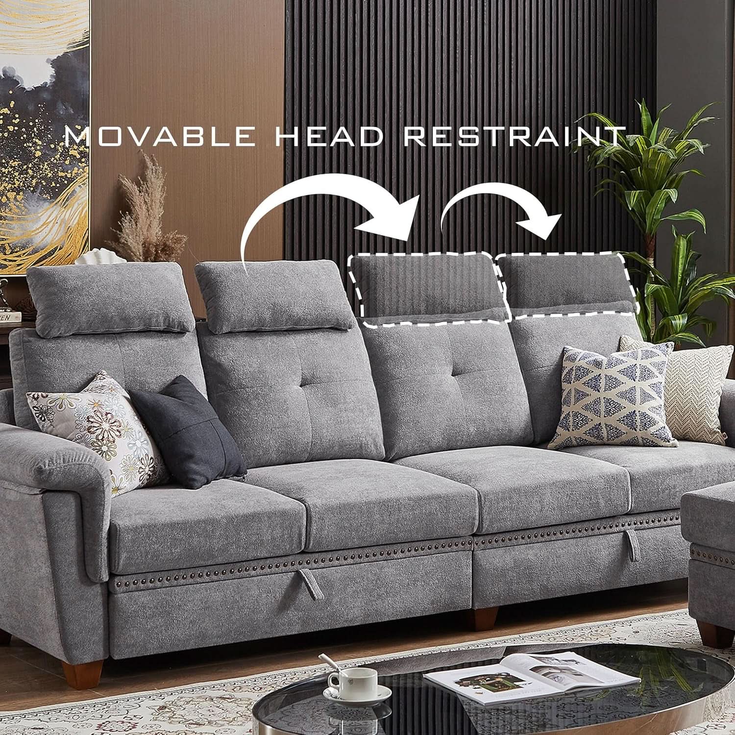 Light Grey Microfiber Sectional Sofa With Storage Ottoman from PriceLows™