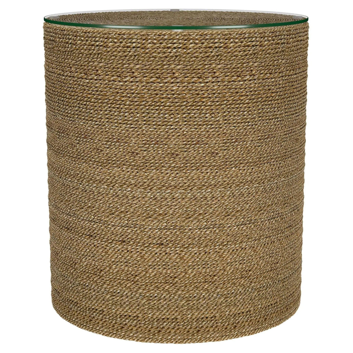 Halden Round Woven Seagrass Accent Side Table Light | 18 x 18 x 20 in | Tempered Glass & Plywood | Brown