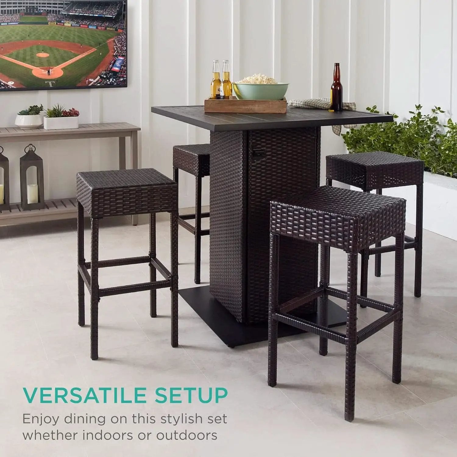Brown Outdoor Wicker Bar Table Set With Bottle Opener from PriceLows™
