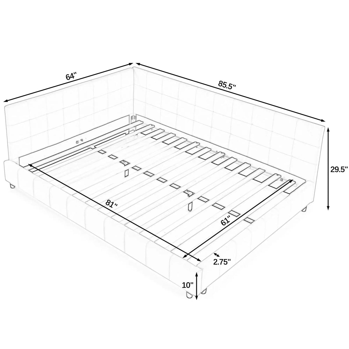 Mid-Century Storage Bed Frame | Upholstered Tufted Design | Backrest And Armrests | Bed Or Sofa Use