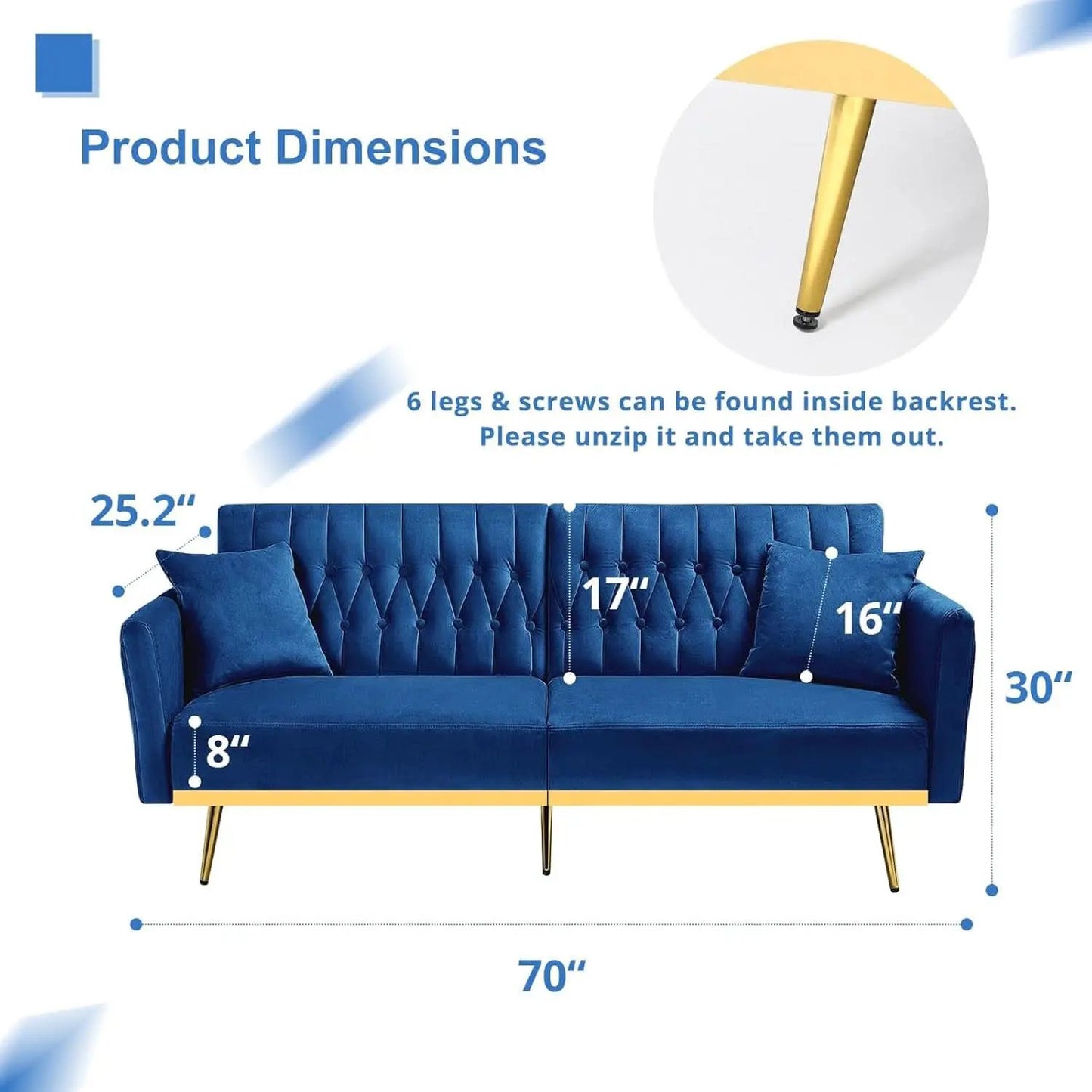 Velvet Futon Sofa Set Two Piece With Convertible Sofa Bed And Tufted Accent Chair In Blue from PriceLows™
