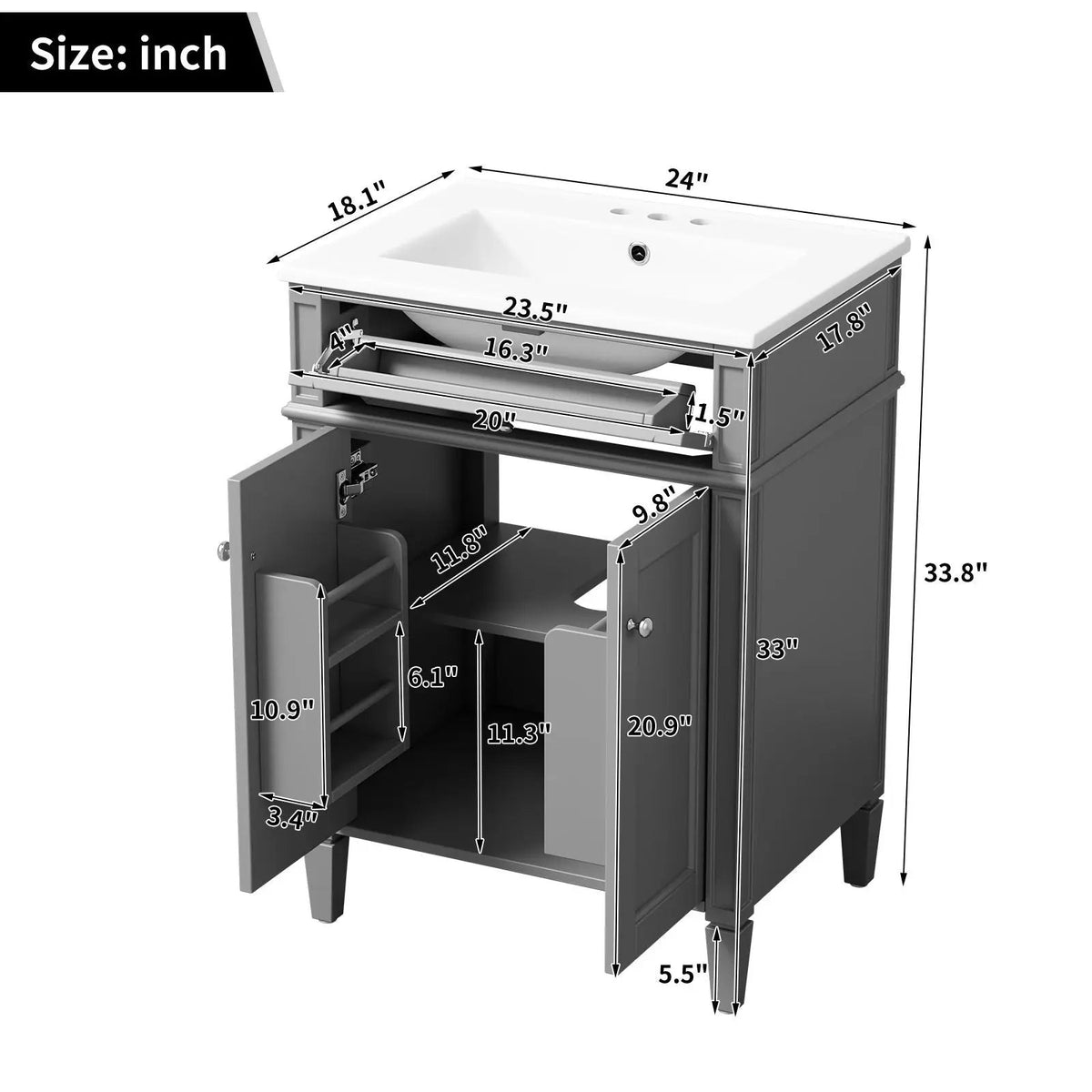 24 Inch Bathroom Vanity | 2 Doors | Tip Out Drawer | Soft Closing Hinges