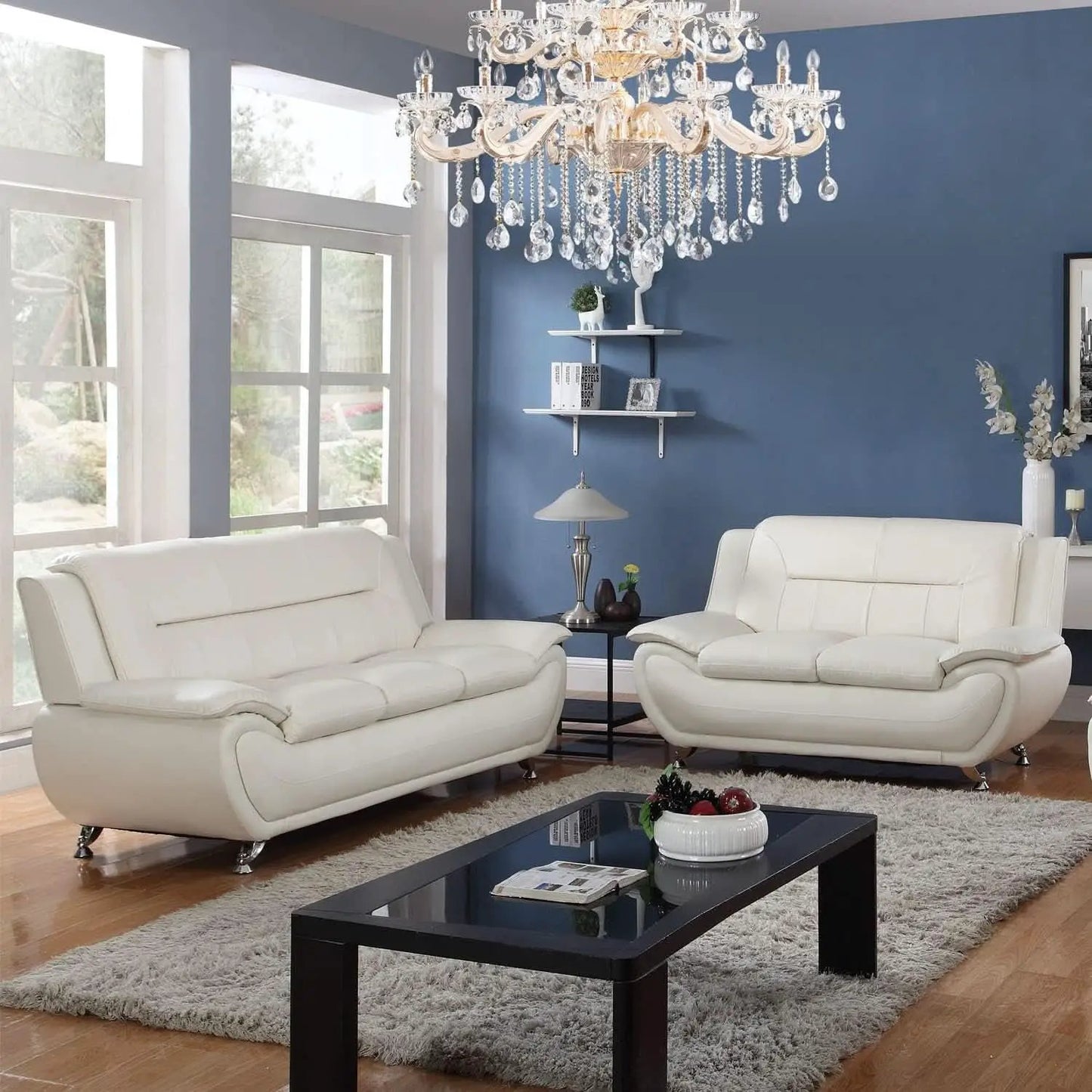 Cream White 2 Piece Faux Leather Sofa Set Living Room from PriceLows™